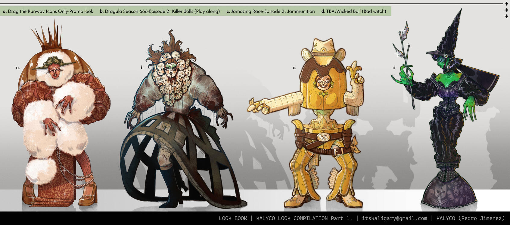 Kalyco’s Look Book – Part 1: A small collection showcasing four character and costume designs I’ve created as part of my journey in the Paper Drag community on Instagram. Includes designs inspired by a pomegranate, a killer doll, a banana sheriff, and a bl