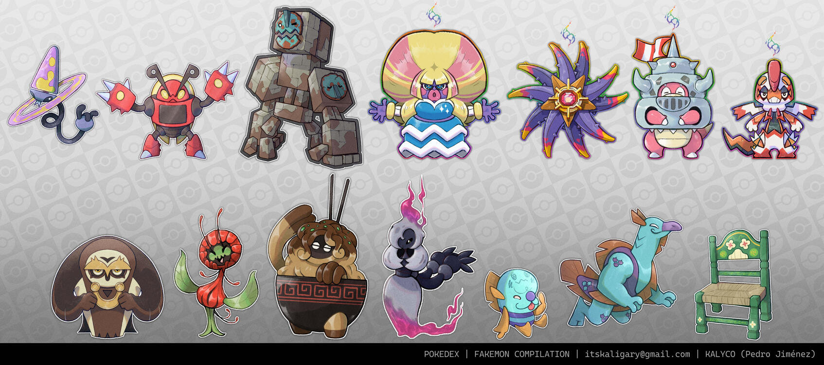 Fakemon compilation – A small collection of my monster designs inspired by the Pokémon universe, including regional forms, mega-evolution style designs, and original Fakemon created from scratch.