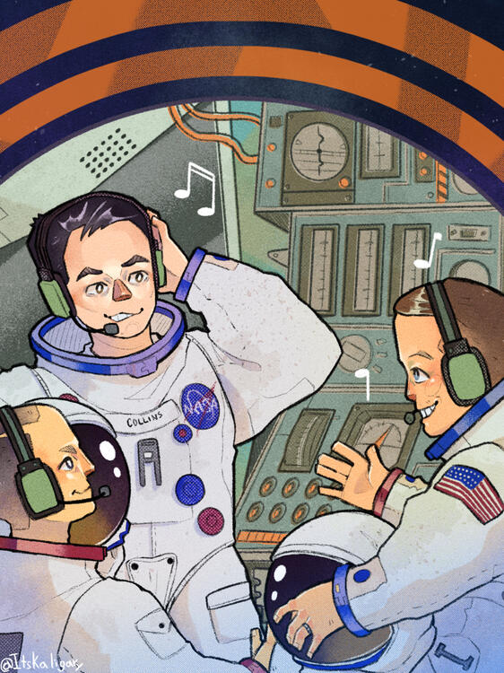 Illustration for the educational picture book 'Sonidos que suenan, sonidos que orbitan' – Astronauts from the Apollo 13 mission listening to music.