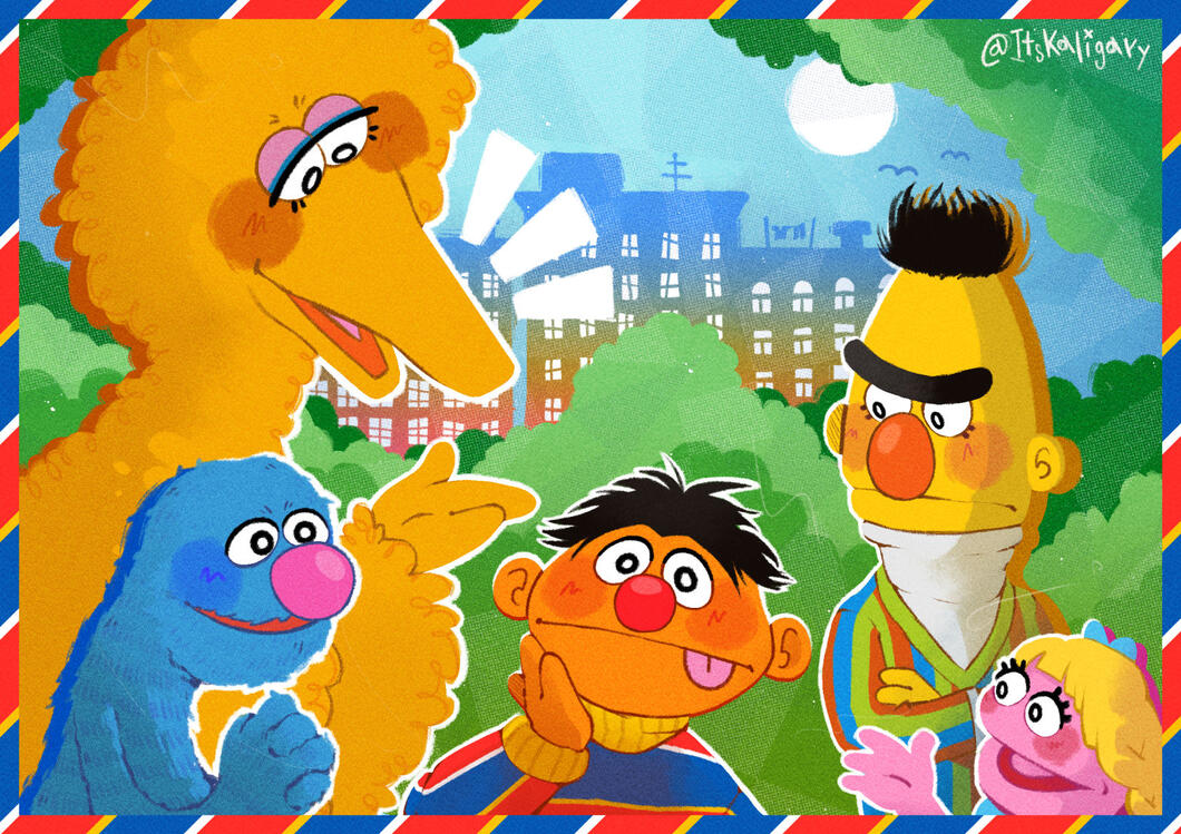 Postcard illustration featuring Big Bird, Grover, Ernie, Bert, and Prairie Dawn in a park setting.