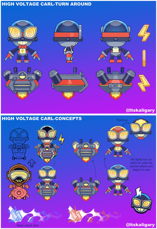 Skin concept for Brawl Stars – “High Voltage” concept design for Carl (Brawl Stars), created for a Supercell Make. Includes concept art, weapon design and turn-around.