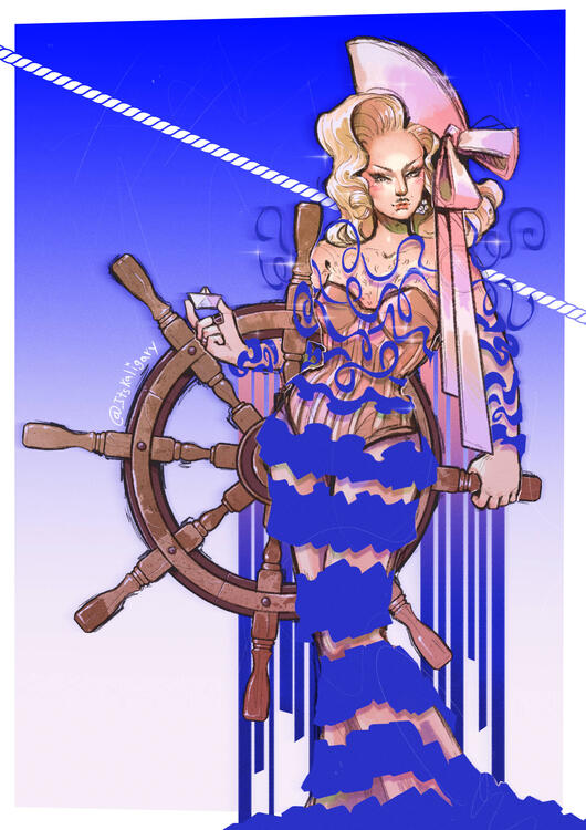 Fanart illustration – Laca Udilla in her sailor-inspired look for the Season 5 Drag Race España talent show, created in Clip Studio Paint.