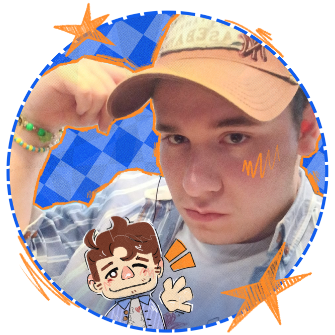 Photo for the About section – Digitally edited using collage techniques and brushes, including a drawing of my avatar following the aesthetic of the web.